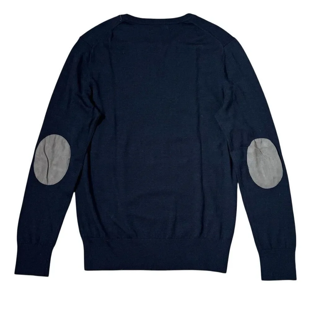 Banana Republic Merino Wool Elbow Patch Sweater Mens Large Navy Preppy Old Money